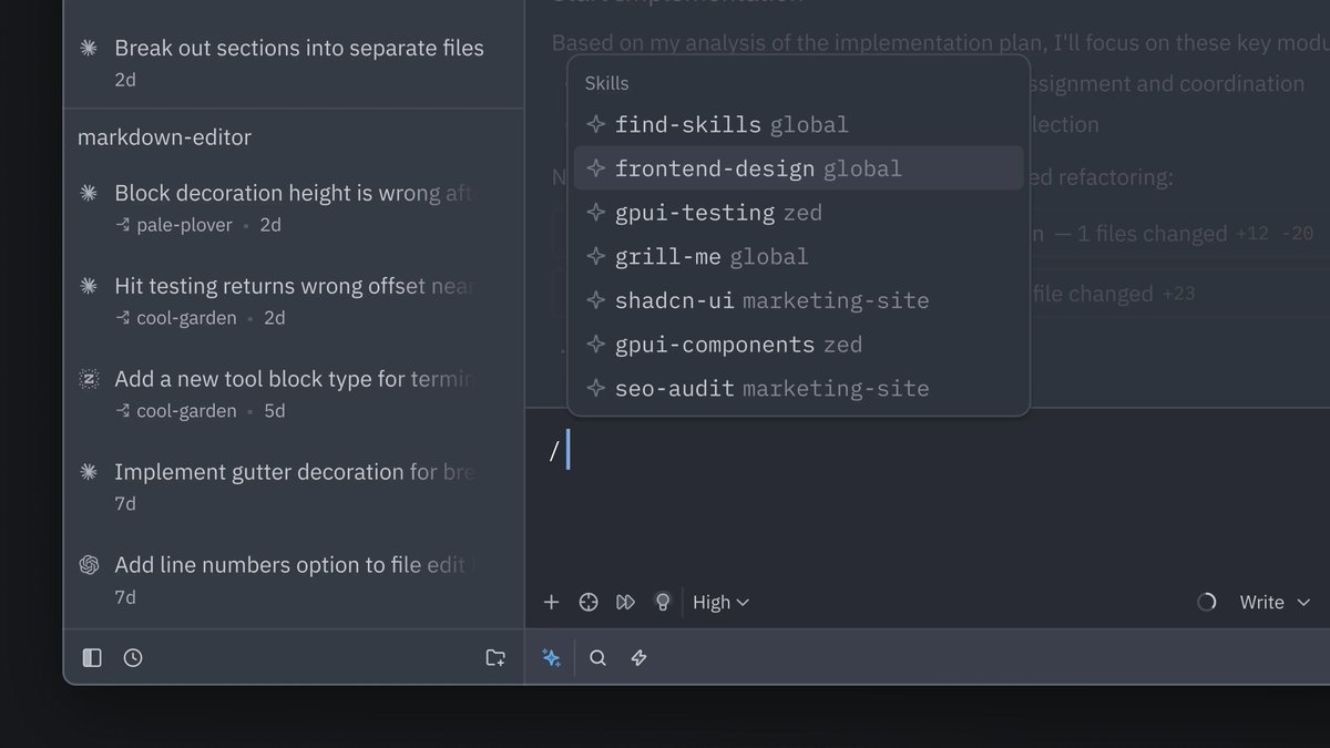 zeddotdev's tweet photo. In today's stable release (v1.4.2), Zed now supports skills: reusable instructions that help the agent understand how you want it to work. https://t.co/yXKq8TCvJB
