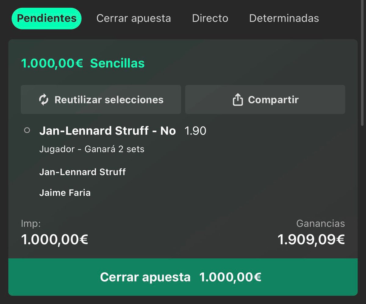 Niko365_'s tweet photo. DOBLA TU DINERO MUY FÁCIL 📈🚨

Las casas no tienen ni idea de tenis en muchos partidos y ponen cuotas que son una fumada:

➡️ Struff literalmente parece un tractor, se mueve súper lento y depende completamente de su primer saque.

➡️ El físico del alemán es nulo, y viene de pegarse +3 horas con Bublik en primera ronda donde acabó exhausto.

➡️ Nos ponen estas cuotas hoy porque ganó a Bublik, o eso parece, porque la realidad es que Bublik tiró el partido y se lo regaló sin oponer resistencia, perdió la cabeza y dejó de jugar.

➡️ Faria viene jugando de locos, ha pasado la previa jugando a un nivel altísimo y se cargó a Shapovalov 3-0 de paliza en primera ronda muy fácil.

➡️ Faria es un tío que saca bien, algo que le costará mucho restar a Struff, que es un tío que como digo está muy lento en todos los aspectos. 

➡️ Y de fondo va a jugar Struff a dos golpes para cerrar los puntos muy rápido, algo que en arcilla no funciona chavales y que Faria a buscar alargar todo al máximo para que el alemán falle.

VAMOS A CAMPEONAR A LO GRANDE 🤑