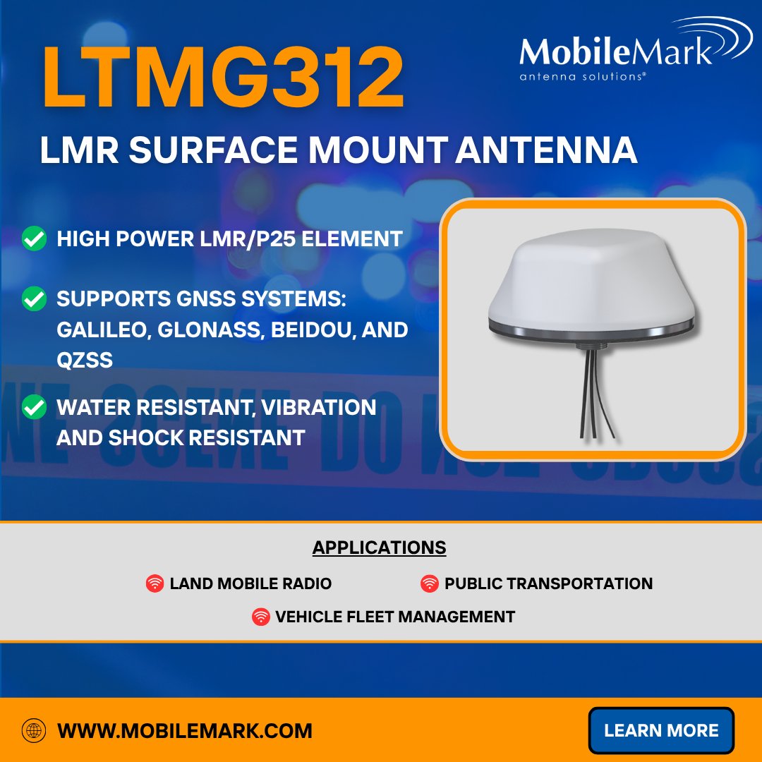 MobileMarkInc's tweet photo. Built for mission-critical connectivity 🚨

The recently released LTMG312 includes an LMR/P25 element, along with WiFi 6E &amp; GNSS, all in a rugged radome, making it durable and easy to install.

Learn more: https://t.co/wRs2AYSHUw https://t.co/ea2fwJ3C2f