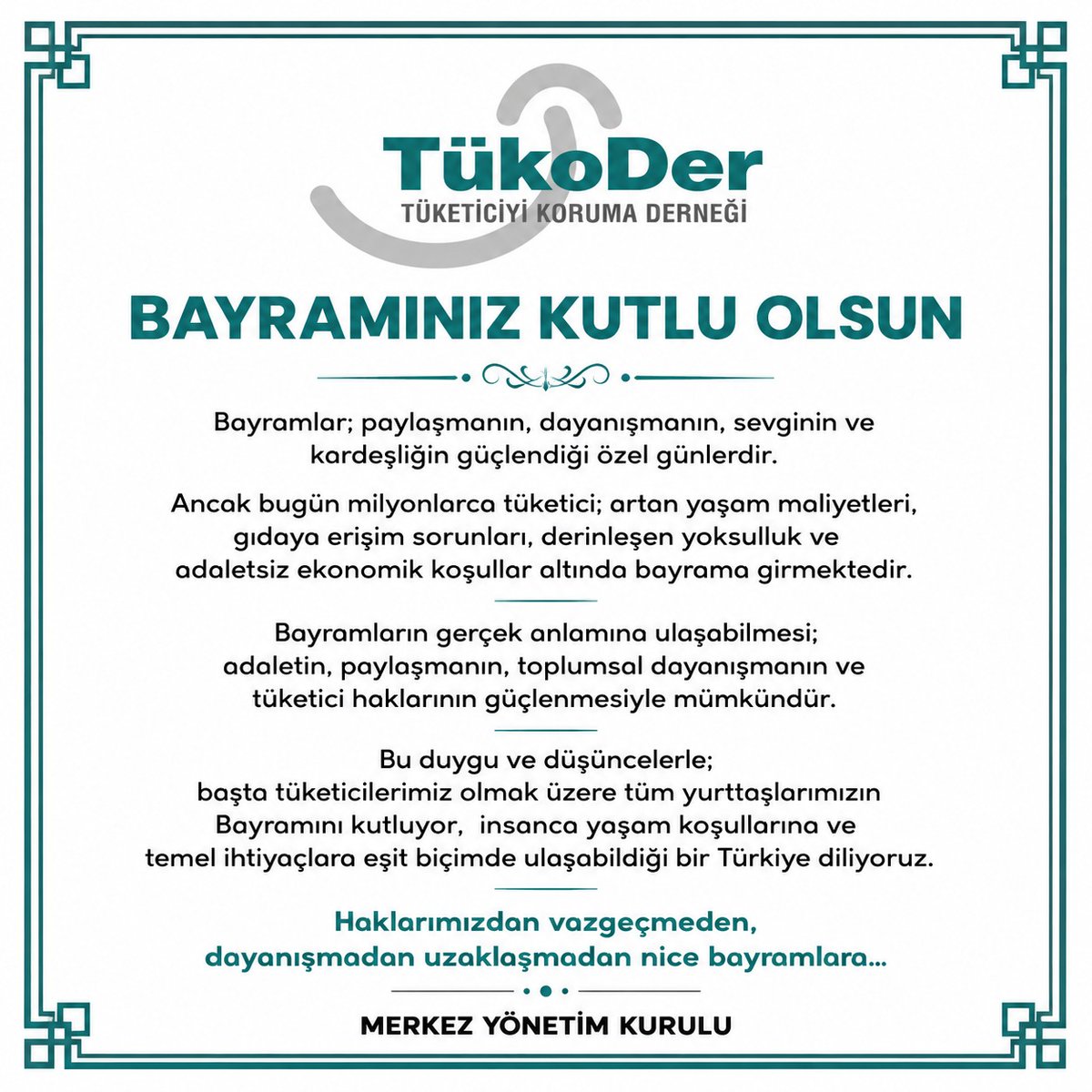 TukoderGM's tweet photo. Tüketici; gıdaya erişim sorunları ve derinleşen yoksulluk koşulları altında bayrama girmektedir.
Bayramlar adaletin, paylaşmanın, toplumsal dayanışmanın ve tüketici haklarının güçlenmesiyle mümkündür.
Haklarımızdan vazgeçmeden, dayanışmadan uzaklaşmadan nice bayramlara… https://t.co/jYbHsPchX0
