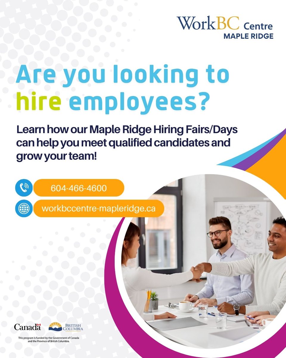 WorkBC_MRidge's tweet photo. Are you hiring? Connect with us to learn how our Hiring Fairs/Days can help you meet qualified candidates and grow your team—reach out today to get involved!

Contact with our Business &amp; Community Liaison, Aminah Khan, at WorkBC Centre Maple Ridge 📞 604-466-4600 https://t.co/UdAFAIuyte