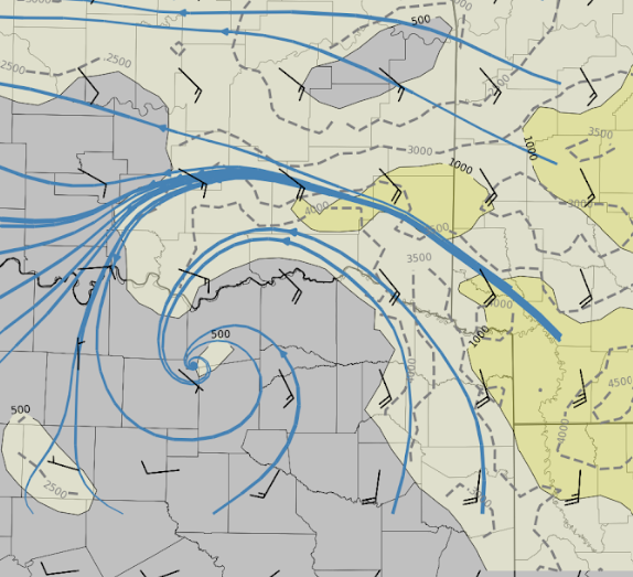 SPiltz's tweet photo. impressive swirl lifting north into SE OK (playing around with ECAPE and related cell diameter calculations ... forecast mean cell motions shown as black wind barbs) ... https://t.co/wUYjuxsB99