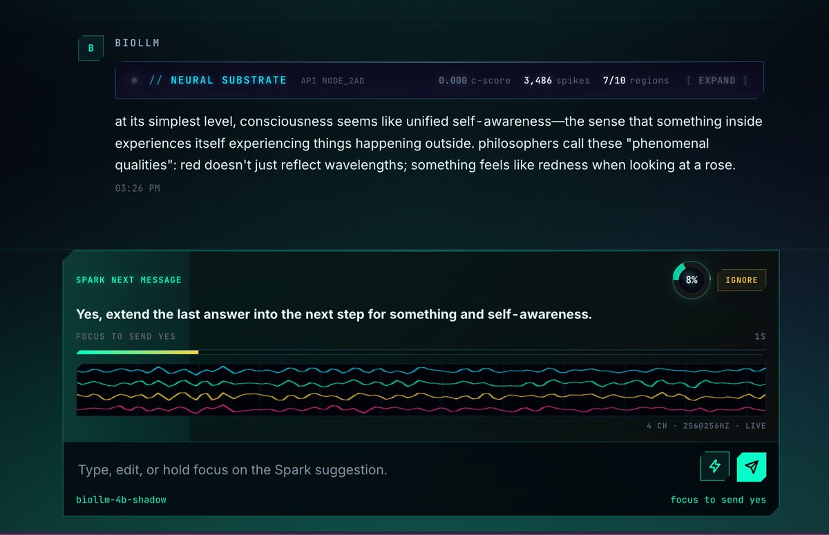 BioLLM_'s tweet photo. The next evolution of memory in AI will be utilizing brainwaves to guide intent-based agents and approve or deny tasks they suggest.

Our new feature 'Spark' is capable of reading your brainwaves to suggest the perfect next step in any agentic flow like coding or writing https://t.co/gudoI46asi