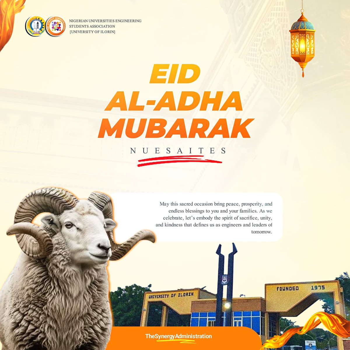 unilorin_nuesa's tweet photo. Eid Mubarak to the Finest Engineering Minds! 🌙🧡⚙️
Wishing all NUESAITES a very happy and blessed Eid Al-Adha.
May this season of sacrifice and devotion bring infinite joy, peace, and success to your academic journey and beyond.

Happy Eid Al-Adha!. https://t.co/INzLyyDia0