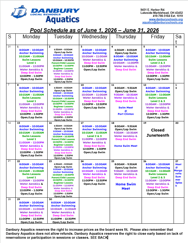 drprstarr's tweet photo. June 2026 Danbury Local Schools pool schedule. We will be using the back boys door to enter the pool this summer.
Eventbrite Registration:
Water Aerobics Link:
https://t.co/S9bUUdCHsV

Deep End Open Only Link:
https://t.co/dANuGGqF44

Open/Lap Swim Link:
https://t.co/AeJK59zIMc https://t.co/PGeOb71gZm