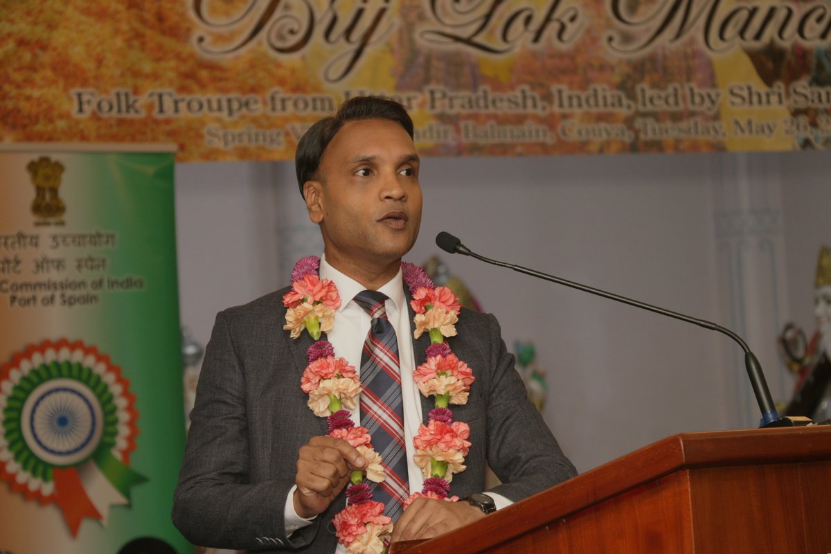 MGICCTandT's tweet photo. Brij Lok Manch enthralled audiences in on May 26, 2026, as the Spring Village Mandir — the group’s 5th performing venue — came alive with vibrant folk performances from Uttar Pradesh, India. Remarks were delivered by Hon. Padarath, MP for Couva South &amp; H.E. Dr. Rajpurohit. https://t.co/ZUbkBkbrG9