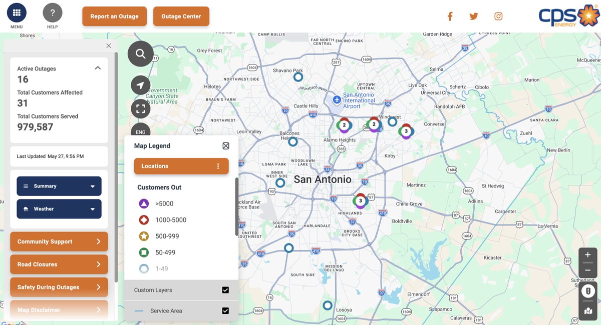cpsenergy's tweet photo. OUTAGE UPDATE (10 PM): Currently, there are 16 active outages affecting approximately 31 customers, with the largest outage in the 78218 zip code. 

We appreciate our community’s patience and understanding as our crews work safely through the night to restore power for customers.

SAFETY REMINDERS: 

🛑 Remember to #MoveOver or #SlowDown if you see our crews out on the road. It's the LAW! 
⚠️ Do NOT go near or drive over a downed power line. Always treat it as LIVE.
🚨 Report downed power lines immediately by calling 210-353-HELP (4357).

Please continue to monitor our outage map for the latest updates in your area: https://t.co/t4pdULSDfz