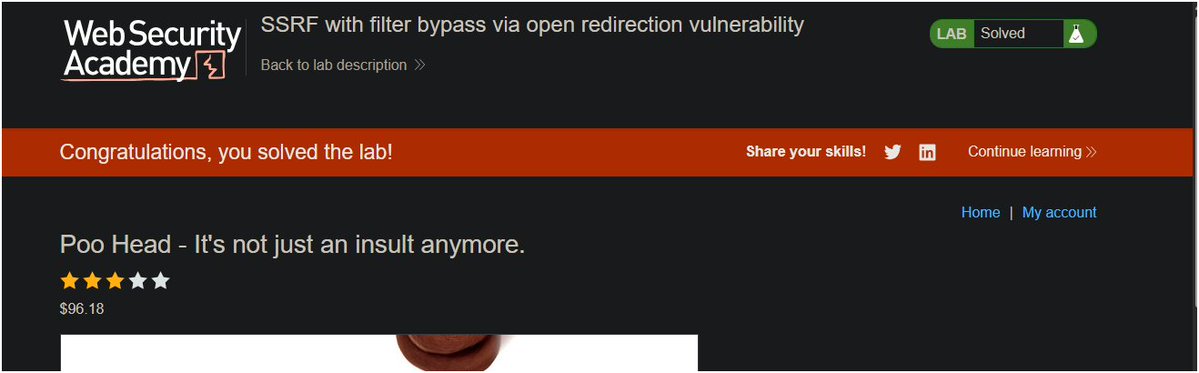 rootghost404's tweet photo. I completed the Web Security Academy lab:
SSRF with filter bypass via open redirection vulnerability

@WebSecAcademy
 https://t.co/DOldGx6vl6 https://t.co/KJ0fy2cEpb