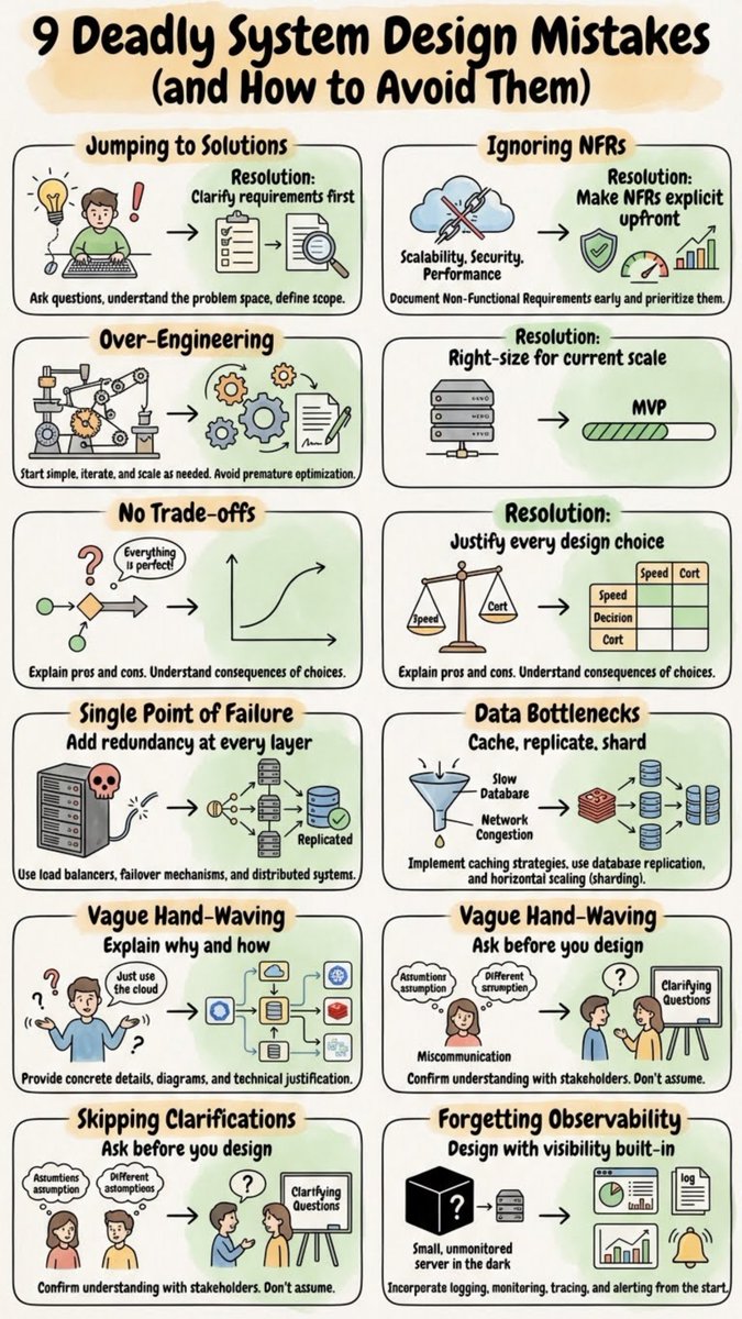 sameersparadkar's tweet photo. I've reviewed hundreds of system design sessions. The same 9 mistakes appear every time. The scariest part? Most engineers don't know they're making them.
The first mistake happens before the marker cap is off. Someone opens a whiteboard and starts drawing microservices. No requirements, no constraints, no scope. The architecture is already wrong.
NFRs — scalability, security, performance — get treated as optional extras. They're not features. They're the constraints that determine whether your system survives production. Skip them upfront, pay for them in incidents.
Over-engineering is the mistake senior engineers make most. A distributed system designed for 10 million users serving 10 thousand. Complexity isn't sophistication. It's debt you haven't paid yet.
"There are no trade-offs. This design is optimal." That answer fails every serious design review. Every choice has a cost. If you can't name it, you don't own the decision.
Single point of failure dressed up as simplicity. One database, one server, one region. One failure from everything going down simultaneously.
Vague hand-waving — "we'll just use Kafka," "we'll deploy to the cloud" — without justification isn't a design. Ambiguity on the whiteboard becomes the incident nobody can diagnose.
And the mistake you only regret at 2am: shipping without observability. No logging, no tracing, no alerting. A black box running in production you can't see inside when it starts failing. And it will.
These aren't made by bad engineers. They're made by good engineers moving too fast without a checklist.
The best system designers aren't the smartest in the room. They're the ones who slow down before the first box gets drawn.