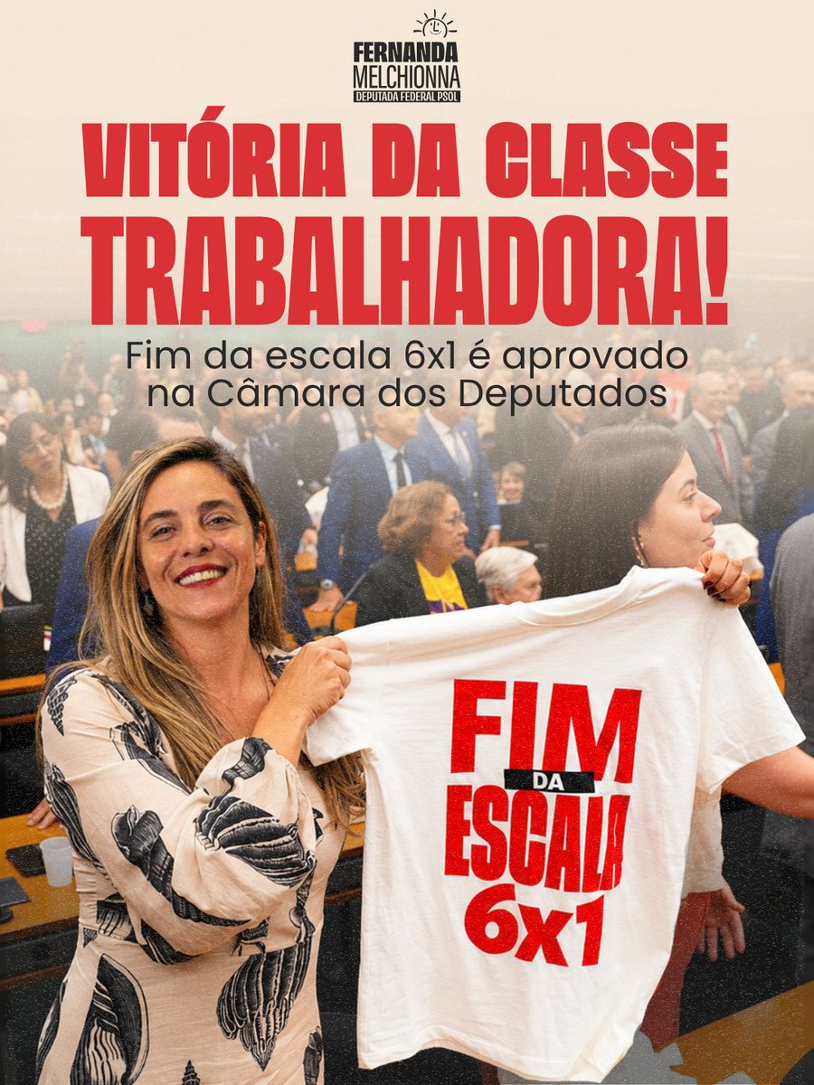 fernandapsol's tweet photo. 🚨HISTÓRICO!!
Acaba de ser APROVADA na Câmara a PEC que dá fim à escala 6x1 no Brasil!!!
Vitória da luta cada trabalhador e trabalhadora que fez pressão nas redes e nas ruas. 
É preciso acreditar na força da mobilização e da auto-organização do povo.
E a luta precisa seguir para que a PEC seja aprovada também no Senado.