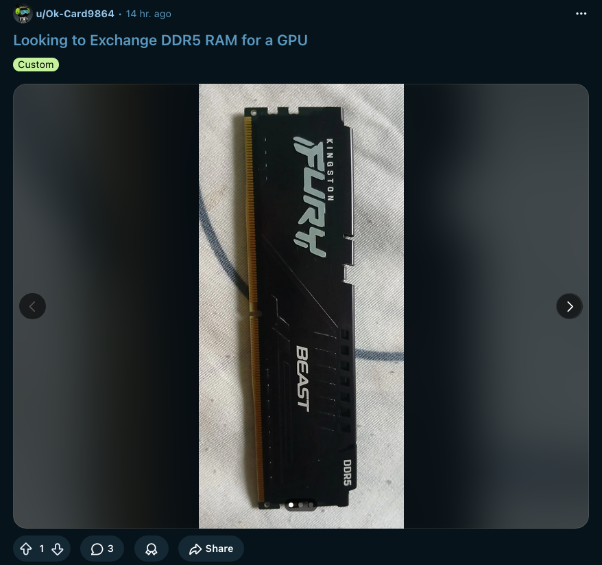 DavidDodda_'s tweet photo. ram prices so high, you can exchange a stick of ram for a  gpu. https://t.co/UbbqSUV0rm
