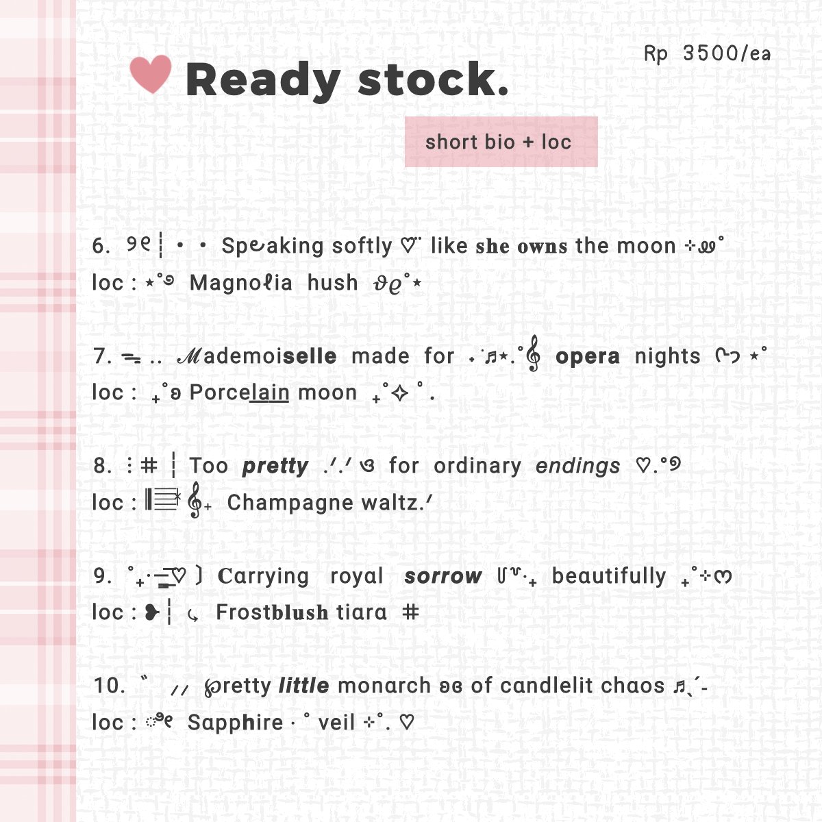 shicsia's tweet photo. :: Repost are appreciated! 🍓

Hi! Aku punya 3 wording bio  dan 14 bio + loc ready stock yang sudah siap untuk langsung kamu pakai >___o)
Harganya di 3000 - 4000 aja, payment bisa via QRIS 🤳❤️

Ayo intip 👀 dulu lalu bisa DM atau hubungi aku lewat tele ya . . 🐈‍⬛

#zonauang https://t.co/zaYhtrYar5