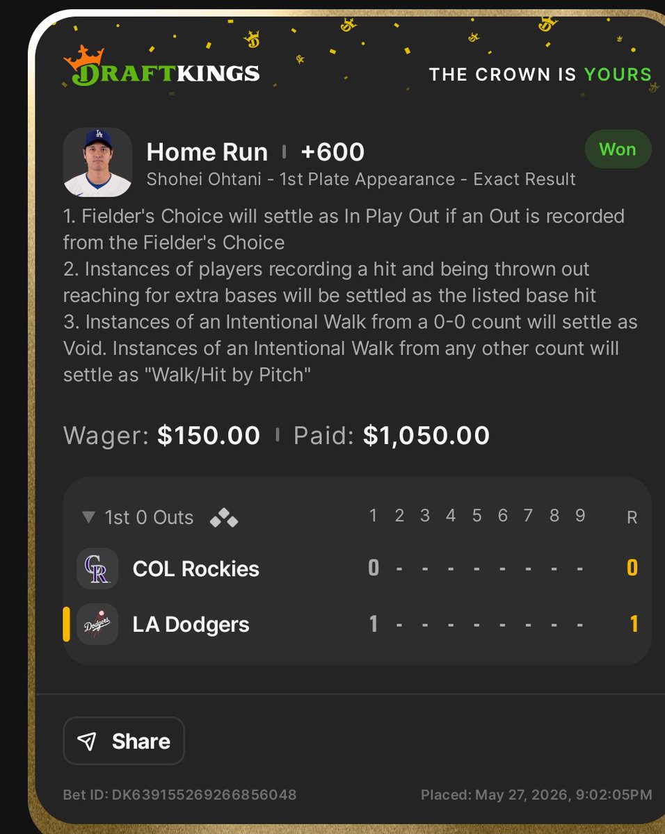seagroves_f's tweet photo. @HomeRunPredict Good it a little better odds earlier lol https://t.co/KWL9LWdGrh