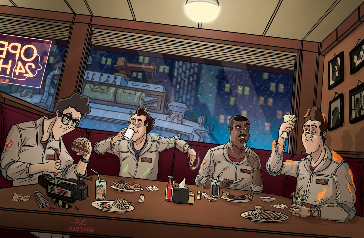callthegbs's tweet photo. #Ghostbusters: On Hold #2: 
Title: "The Diner"
Synopsis: "Its raining. Its late. Their next job isn't for another hour. Perfect time to dine."

#fanart #digitalart #diner https://t.co/yVttCLGDiL