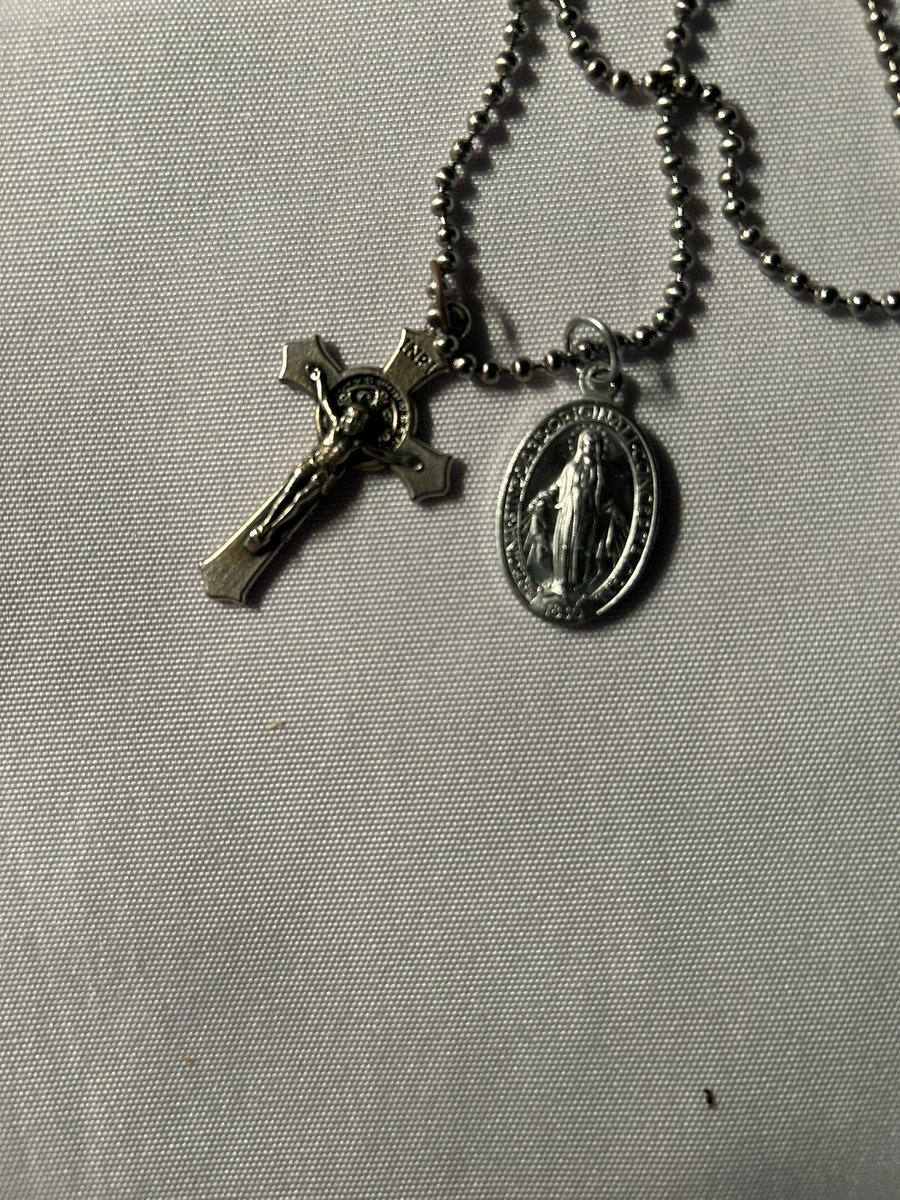kiptsmith's tweet photo. @Faithful2Pray Only take off at bedtime or shower. Miraculous medal with St Benedict Crucifix. https://t.co/pFLNn3TmF8