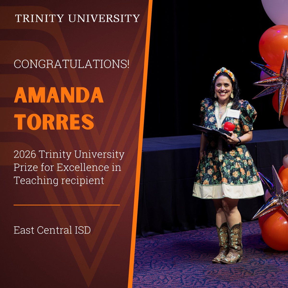 Warpath1com's tweet photo. Amanda Wolfe Torres (HHS '04) was awarded the 2026 Trinity University Prize for Excellence in Teaching!

Graphics credit: East Central ISD https://t.co/8tKhEfGpk5