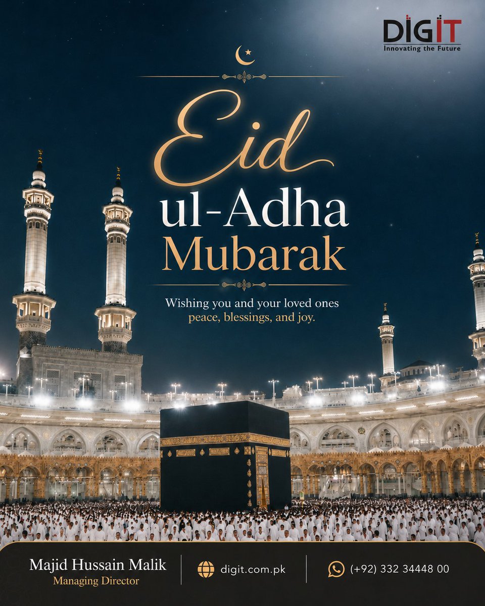 digitpk's tweet photo. Eid ul-Adha Mubarak!

May Allah accept our prayers and sacrifices. Ameen
Warm regards,
Majid Hussain Malik
#EidMubarak #EidUlAdha https://t.co/KHVlGSJ57H