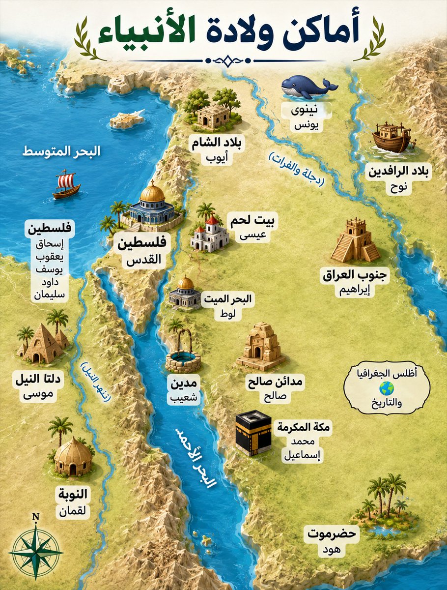AtlasGeoHstry's tweet photo. أماكن ولادة بعض الأنبياء والصالحين.

(المواقع المحددة تقريبية ولأغراض التوضيح البصري فقط، قد تختلف المواقع والأبعاد نسبيًا عن الواقع الجغرافي الدقيق).

على الأرجح أن لقمان الحكيم ليس نبياً وإنما هو رجل صالح. https://t.co/o5w8nVH65Y