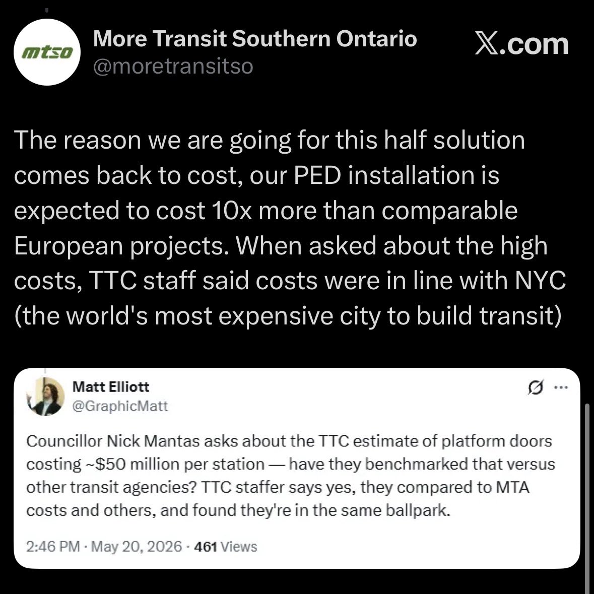 jedwinmok's tweet photo. Toronto’s transit cost disease has hit… metal fences. 

$2M CAD is about the same cost of half height PSGs for one platform in Hong Kong.

Then we use NYC to justify our wild cost estimates for actual screen doors. The incuriosity and Anglo echo-chamber is astounding. https://t.co/mnV59bbfus