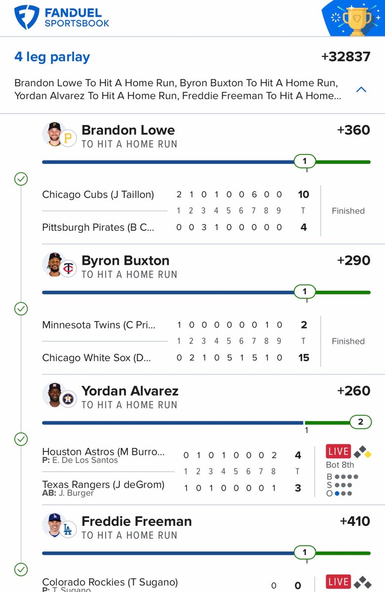 Zeus_Analytics's tweet photo. WE JUST CASHED OUT CRAZY AGAIN 🤯

✅Brandon Lowe 
✅Byron Buxton 
✅Yordan Alvarez 
✅Freddie Freeman 

$10 on this would have paid out $3,000+ ⚡️

SHOW ME THOSE SLIPS GUYS 💙 https://t.co/8EFvuigMi9