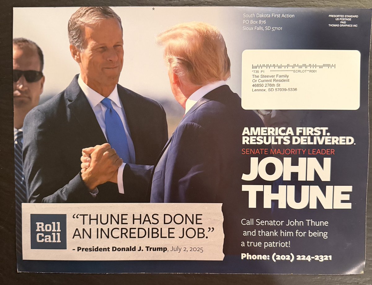 ssteever's tweet photo. @C_3C_3 In a season of political direct mailers, Thune sent out the biggest one of all - and he is NOT even on the primary ballot.  He must be terrified. https://t.co/75YtOzl0Hl