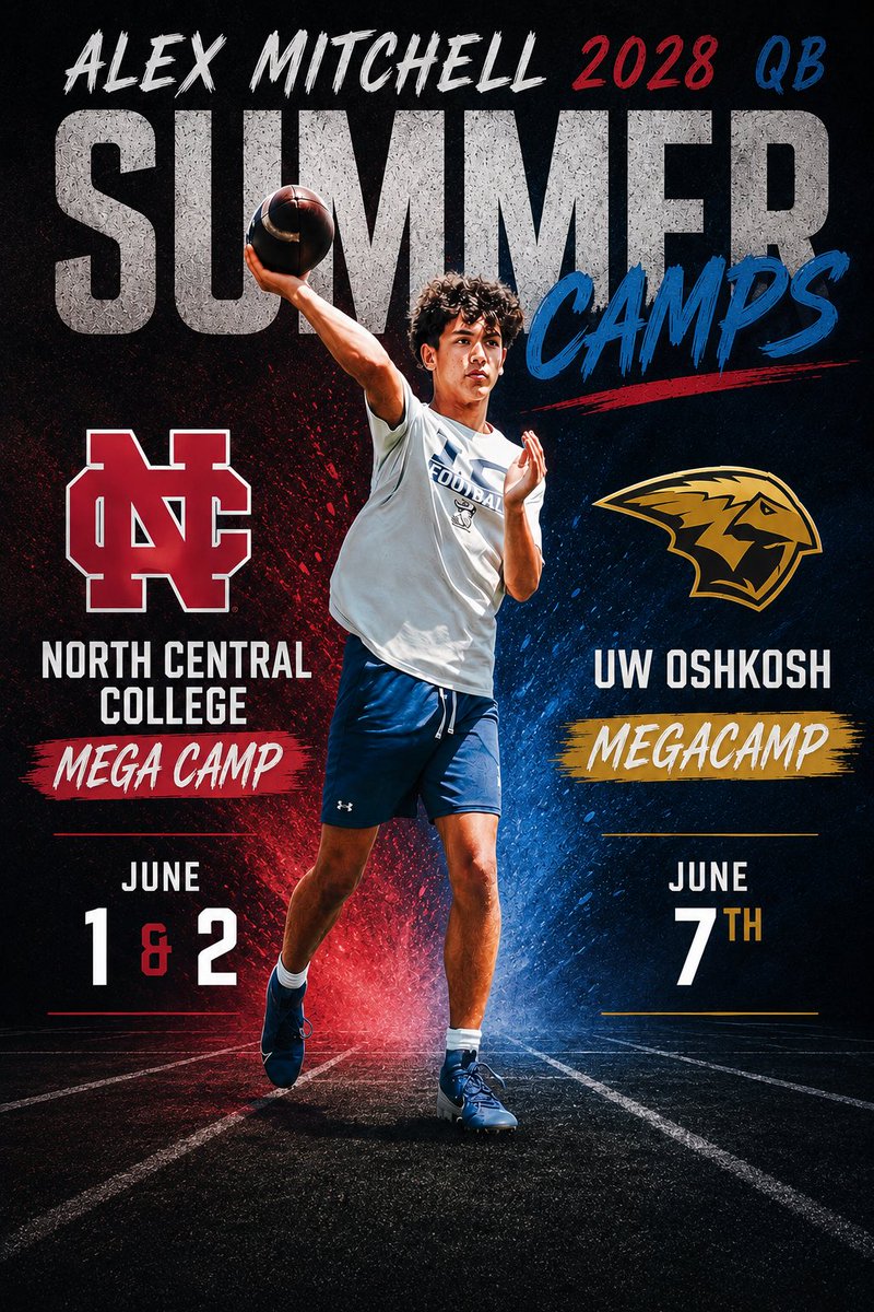 Alex_Mitchell08's tweet photo. Camp Season - Grateful for the opportunity to compete:

North Central Mega Camp - June 1st + 2nd

UW Oshkosh Lake Show - June 7th

@football_ncc @UWOFootball @CoachRod_McD @coachcdantew @CoachParling @nextlevelqba @MattBowen41 @Elite_2028QBs @QBUniverseQBU https://t.co/iPhdfdo88K