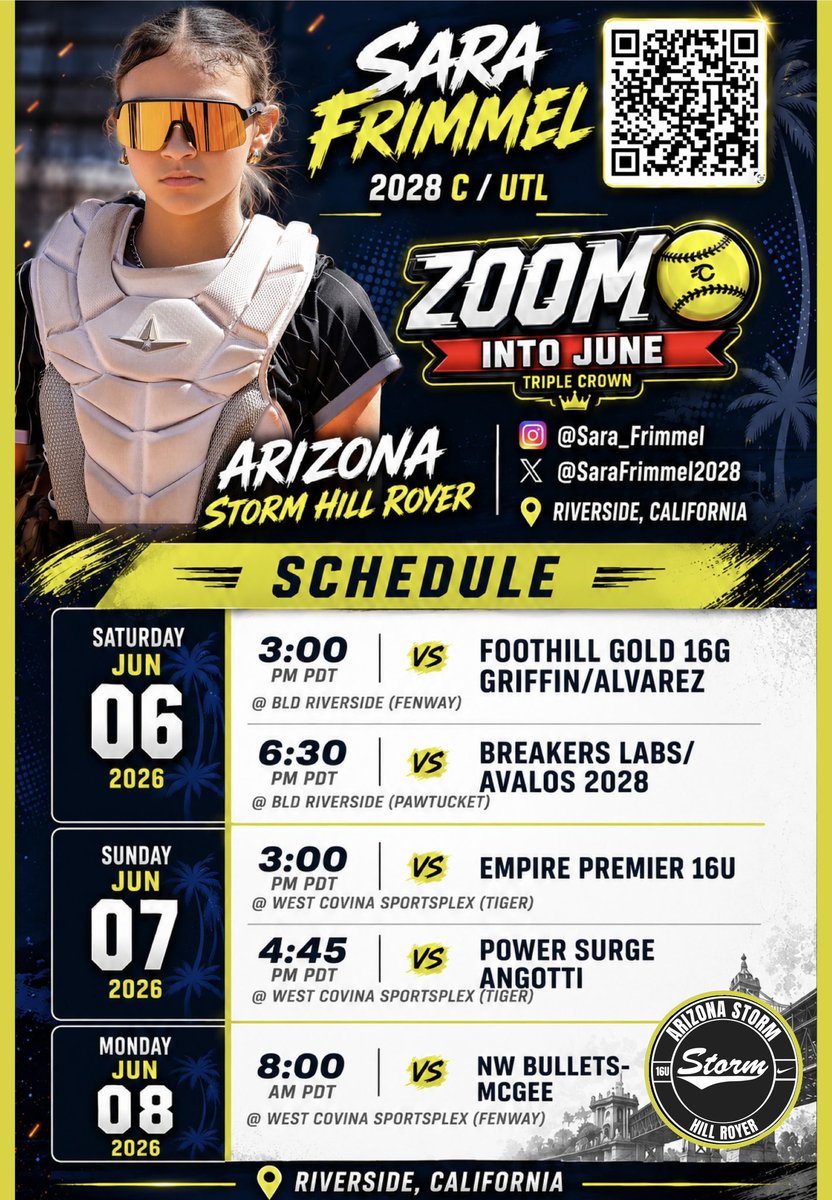 SaraFrimmel2028's tweet photo. π¨ SCHEDULE RELEASE π¨
Next stop: Riverside, California π΄π₯
Excited to compete with AZ @Stormhillroyer at Zoom Into June next weekend against some great competition.
π Riverside / West Covina, CA
π
June 6β8
π 2028 C / UTL
#ZoomIntoJune #SoftballRecruiting #2028Grad #AZStorm #FastpitchSoftball #AZStormFastpitch