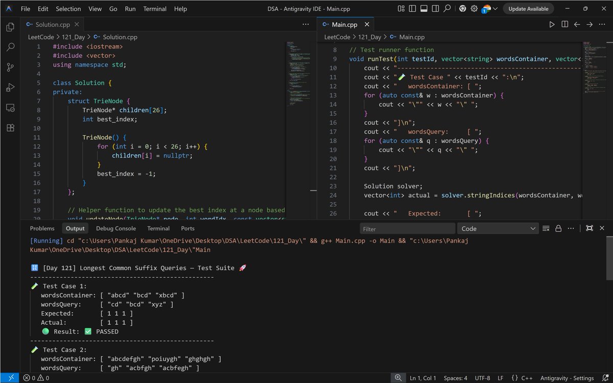 PankajB42550's tweet photo. 🚀 Solved: Longest Common Suffix Queries (@LeetCode - #Daily)

Reverse strings → suffix becomes prefix. Build Trie storing best index. Traverse for queries.

⌛ O(sum) | O(sum)
🔥 #Day121/100

#DSA #Trie #String #HardProblem #ProblemSolving @LeetCode #DSA26 #DAY121 https://t.co/POQsE3sZu5