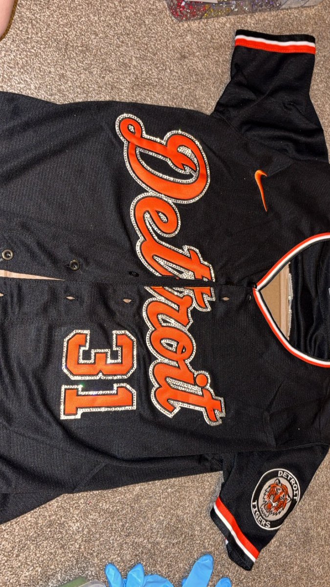 KatieChicken69's tweet photo. In honor of the @tigers win today here’s a look at the jersey I’m bedazzling for when I go next month!!🧡 https://t.co/2l66G2u9cl