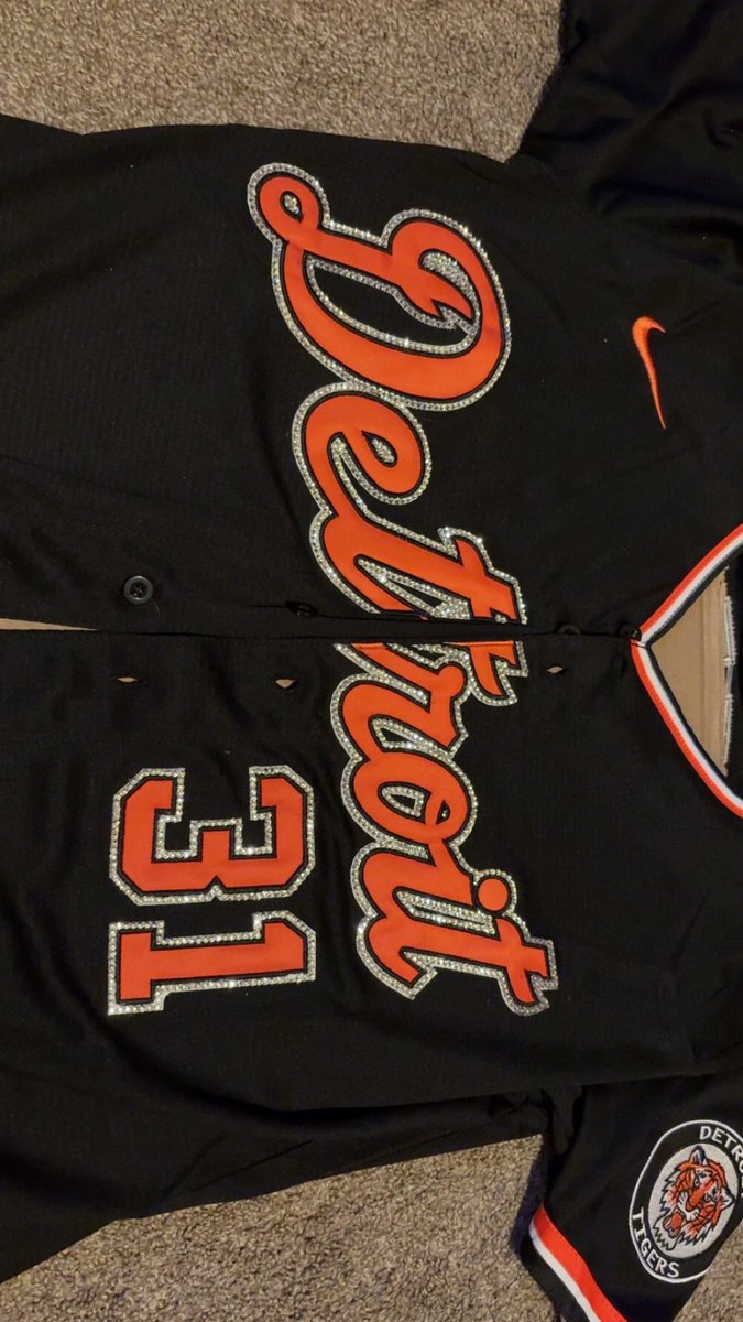 KatieChicken69's tweet photo. In honor of the @tigers win today here’s a look at the jersey I’m bedazzling for when I go next month!!🧡 https://t.co/2l66G2u9cl
