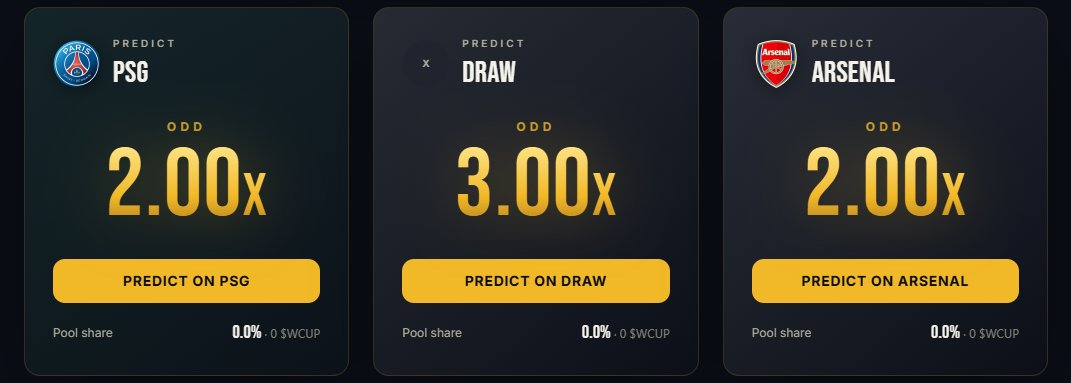 Wcup26Token's tweet photo. PSG vs Arsenal Final is live on $WCUP predict
call the result, connect your wallet, lock your tokens
winner takes 98% of the pool
https://t.co/VwS7qI4yX9 https://t.co/cA3vp25c2T