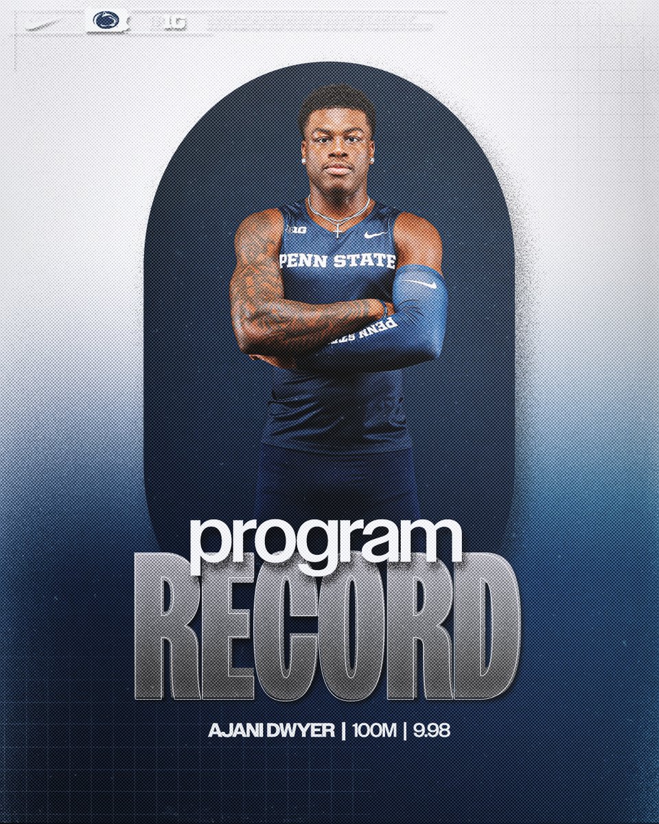 PennStateTFXC's tweet photo. NCAA First Round | Men's 100m

AJANI DWYER OUTDOES HIMSELF AGAIN!

He breaks 10 seconds in the 100m with a 9.98 and scores a ticket into the Friday races! 🎟️

(Oh, and he improved his program record too!) 😏

🥈| Dwyer | 9.98 (-0.2w)

#WeAre | #PSUTF https://t.co/HFhq3ayUfs