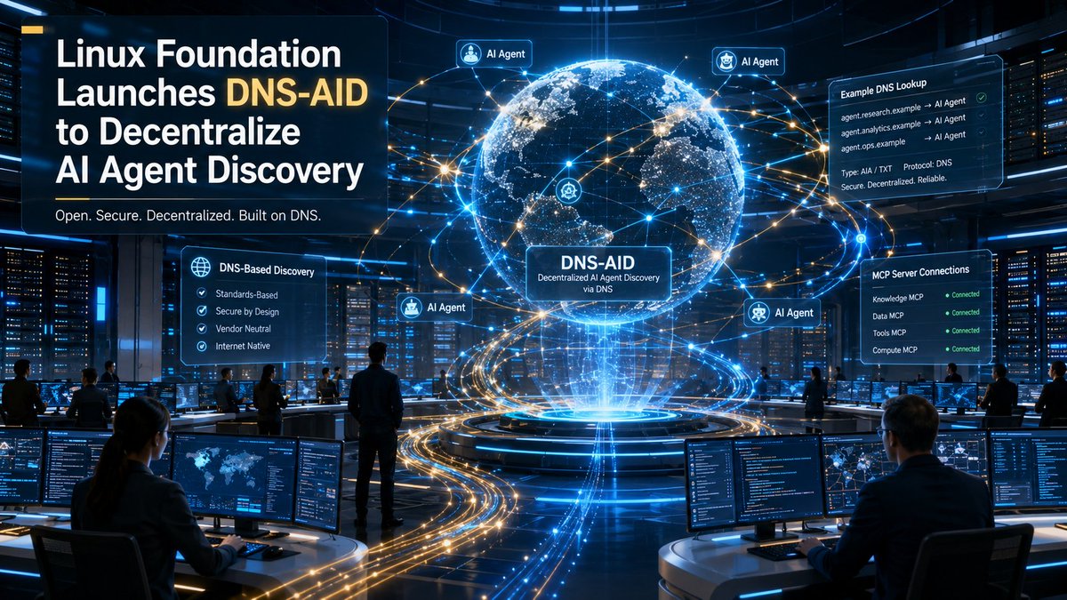 NexusDailyAI's tweet photo. The Linux Foundation has officially launched DNS-AID, an open-source project designed to decentralize how AI agents discover and communicate with one another using existing DNS infrastructure. 

https://t.co/hyzFIlL2mY

#OpenSource #AIAgents #DNS #LinuxFoundation https://t.co/dCwxOXXmx6
