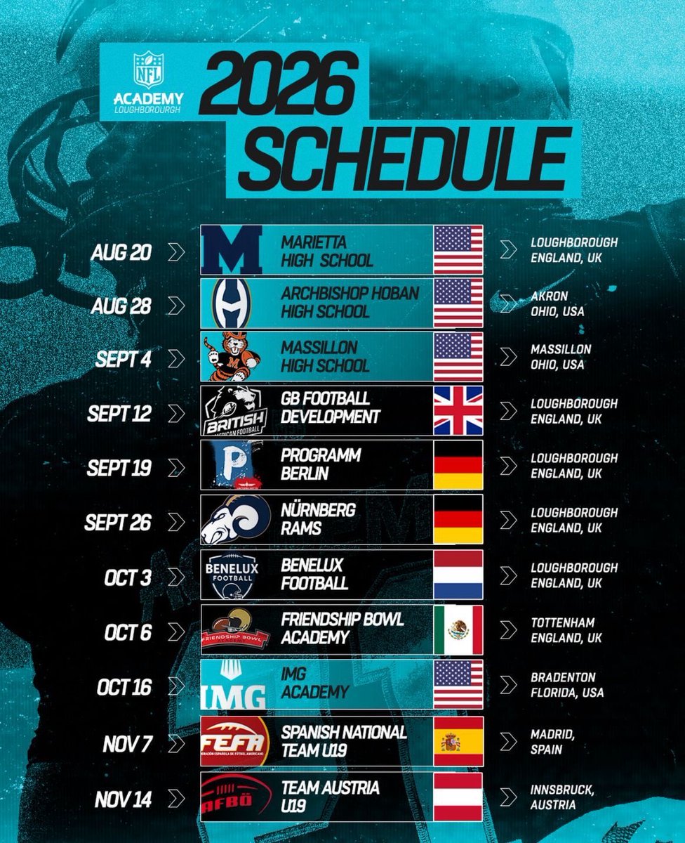 sorianoaaron's tweet photo. La @nflacademy 🏈 dio a conocer su calendario de temporada 2026, el martes 6 de octubre enfrentarán @friendship_bowl  Mexican Academy 🇲🇽, en el 🏟️ Tottenham Hotspur, de Londres, Inglaterra 🏴󠁧󠁢󠁥󠁮󠁧󠁿.

El staff encabezado por;
HC Brian Pariani
CO Aarón Delgado 
CD Robert Peay https://t.co/yXmmfymRfh