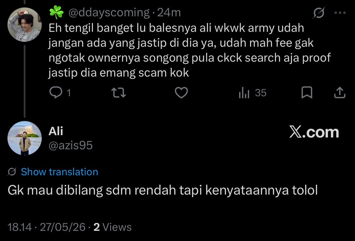 ddayscoming's tweet photo. Gak akan gue lupain si ali songong ini ngatain tolol padahal gue ngomong baik-baik buat reminder sesama army. Sekarang tweetnya udah dihapus sama dia wkwwkwkk minta maaf jing bukan hapus tweet kalo abis ngatain orang tuh @tiketXid @azis95 https://t.co/1KtwUptUkf