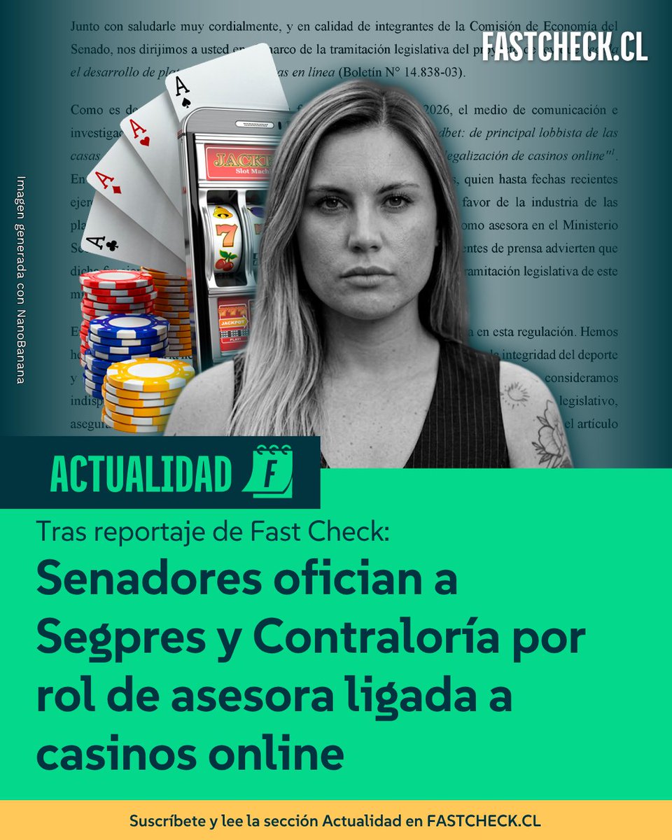 fastcheckcl's tweet photo. Senadores del FA, PS y PPD oficiaron al ente contralor y a la cartera de Segpres para aclarar el rol de Trinidad Sainz en la ley de casinos online. 

Fast Check reveló que ella fue lobbista de las plataformas de apuestas en línea, y cuando asumió como asesora en La Moneda participó en al menos una reunión con representantes de la industria que asesoró. 

Más detalles en la nota 👇
https://t.co/dwQF4KsQrO