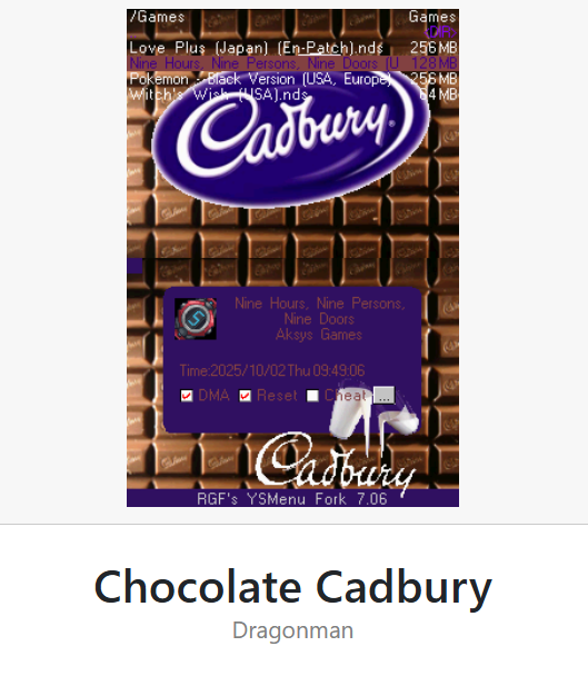bjiru_'s tweet photo. What is it about homebrew communities that makes some of the themes so weird. Like im looking for cool themes for DS carts (YSmenu), and we got :

-Cadbury theme
-Luigi and guido but to the colors of Gulf Oil ?!?!?
-Little Big Planet Incredibles
-Simpsons "Naurto Style" https://t.co/WzcL0gtnnx