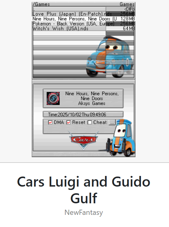 bjiru_'s tweet photo. What is it about homebrew communities that makes some of the themes so weird. Like im looking for cool themes for DS carts (YSmenu), and we got :

-Cadbury theme
-Luigi and guido but to the colors of Gulf Oil ?!?!?
-Little Big Planet Incredibles
-Simpsons "Naurto Style" https://t.co/WzcL0gtnnx
