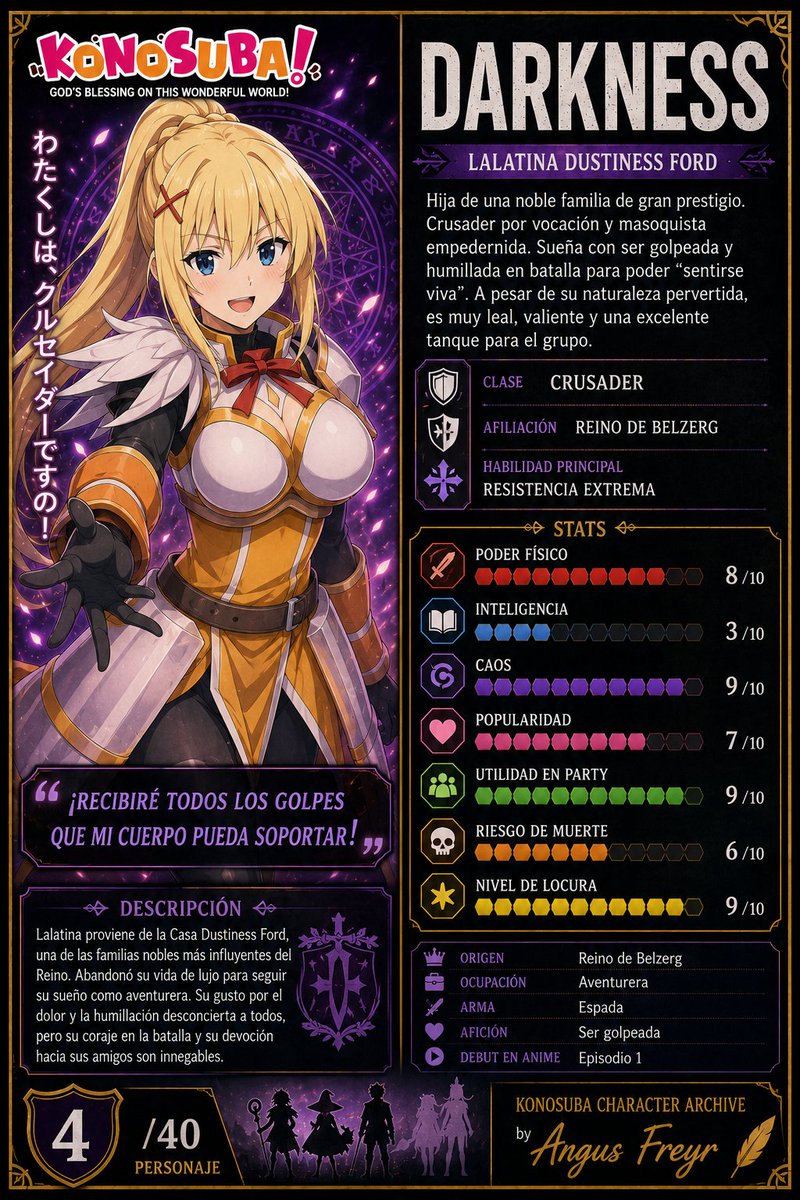 AngusFreyr's tweet photo. 🛡️ 4/40 — Darkness ⚔️ La cruzada más resistente y caótica de KonoSuba 😂 Noble, poderosa… y peligrosamente masoquista 💀✨ Imposible olvidar a esta leyenda del desastre fantasy 🍷 #KonoSuba #Darkness #Anime #Isekai #Otaku #Waifu #AngusFreyr https://t.co/t7XL0us8Xn