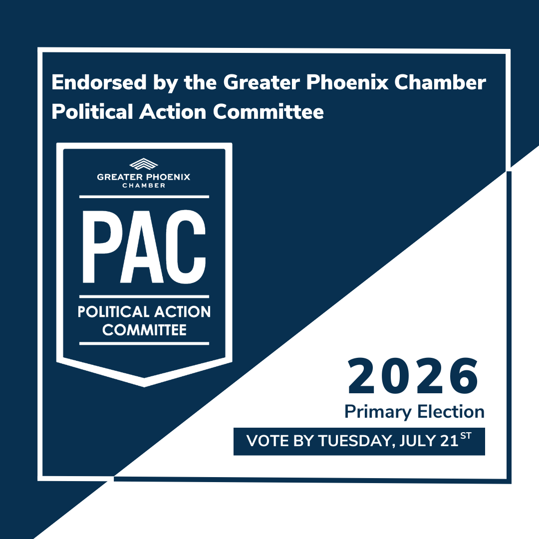phxchamber's tweet photo. As Arizona prepares for the July 21st, 2026, Primary Election, the Greater Phoenix Chamber has announced endorsements of 38 candidates advancing economic growth, workforce development, and a strong business climate in Arizona. @GPCPolicy

Read more: https://t.co/rBreIvGxZI https://t.co/IrJPrL0ZnZ