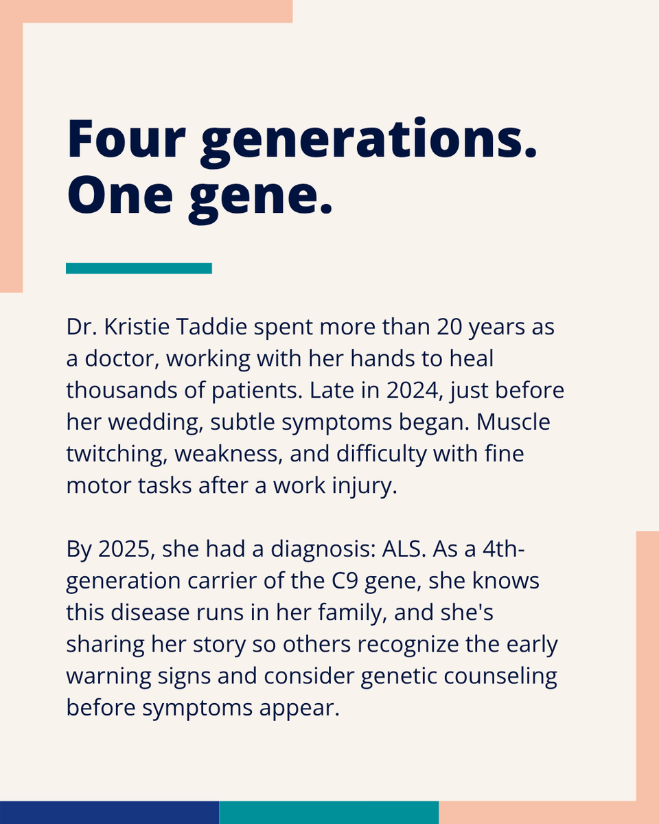 TargetALS_fdn's tweet photo. Kristie, a doctor and 4th-generation C9 carrier, is #ALLIN. She was diagnosed with #ALS in 2025 and is showing up for the science she believes will change what ALS means for the next generation of her family.
Go ALL IN: https://t.co/JrWpyboFC3
#ALSAwarenessMonth #ALSResearch https://t.co/WX3vZVn0hI