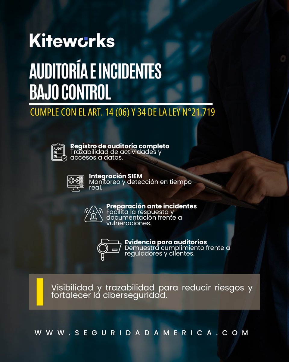 Americassl's tweet photo. 🔐 La Ley 21.719 ya exige mayor control sobre los datos personales en Chile 🇨🇱
Con Kiteworks protege, controla y audita la información crítica de tu empresa 🚀
#Kiteworks #Ciberseguridad #Ley21719 https://t.co/8bArRQyIKL