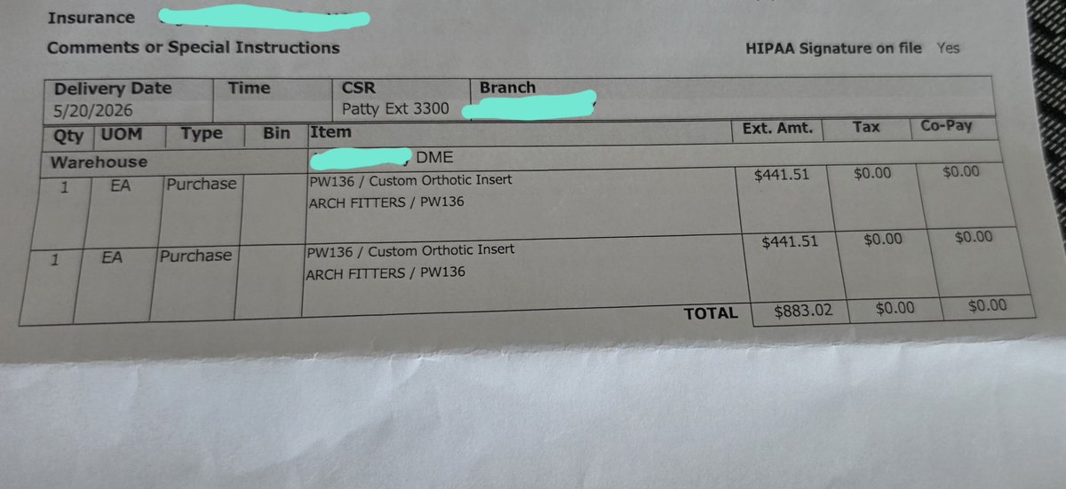 _Edobean's tweet photo. Received a bill the other day for my custom insoles and already being told that my insurance is likely not covering it due to "lack of proof of medical necessity".

$883? For custom insoles?
I'm hoping I can find someone in the medical insurance department that can help me. https://t.co/vgm34TsY26