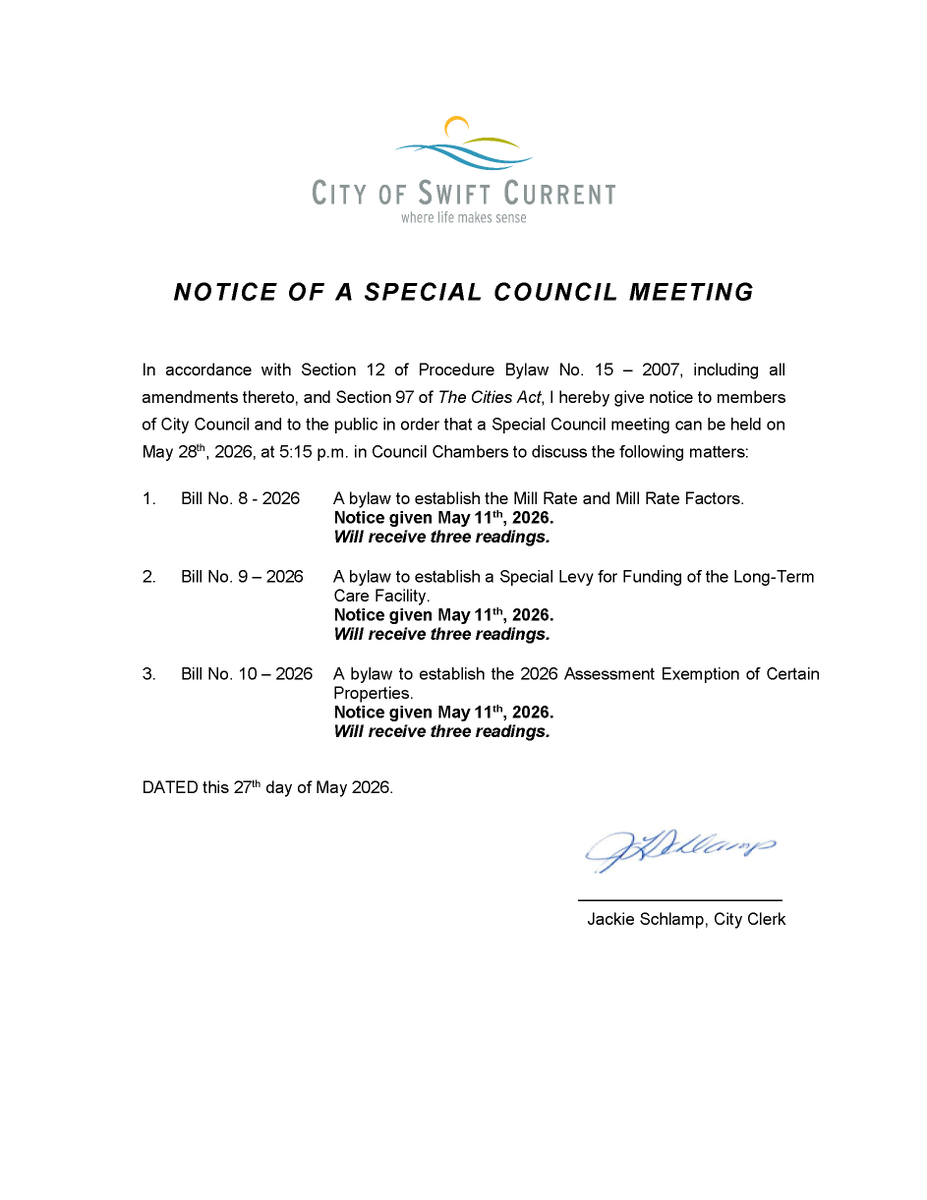 City_SC's tweet photo. Notice of Special Council Meeting to be held tomorrow, May 28, 2026 at 5:15 pm in Council Chambers. https://t.co/InuWY4GNVo
