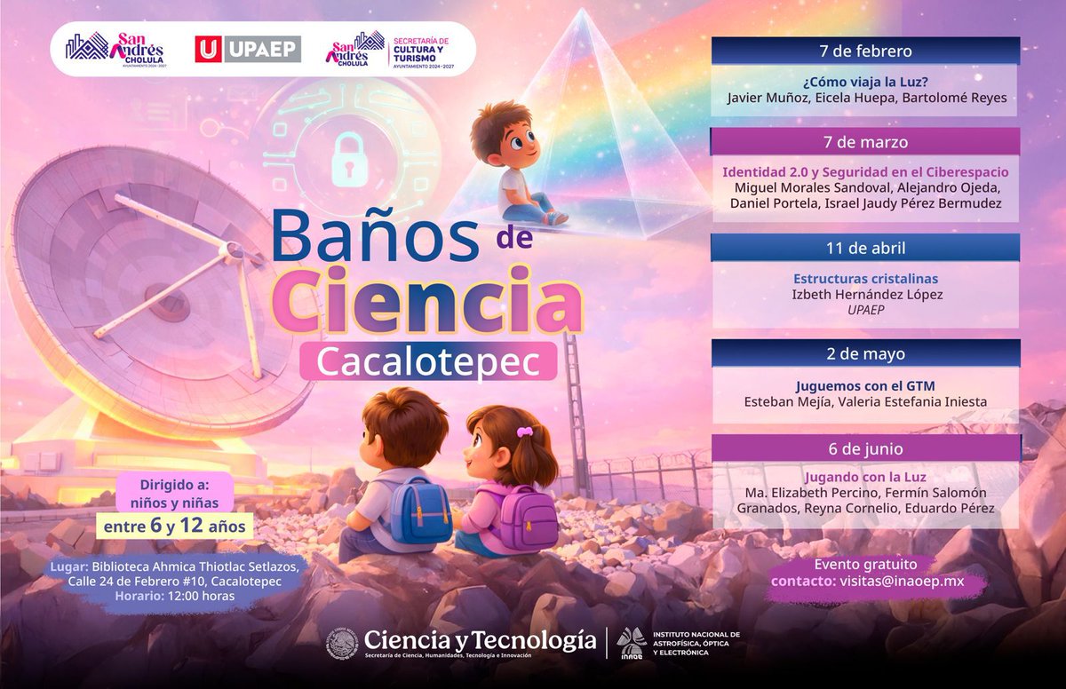 DIFSnAndresCH's tweet photo. 📝✨🔭Los “Baños de Ciencia”, realizados en colaboración con el @inaoe_mx, tienen preparadas actividades lúdicas para niñas y niños de 6 a 12 años de edad.🚀🧠

📍Calle 24 de Febrero núm. 10, San Antonio Cacalotepec.
🗓️ Siguiente: 6 de junio. https://t.co/He2dSCSJm1