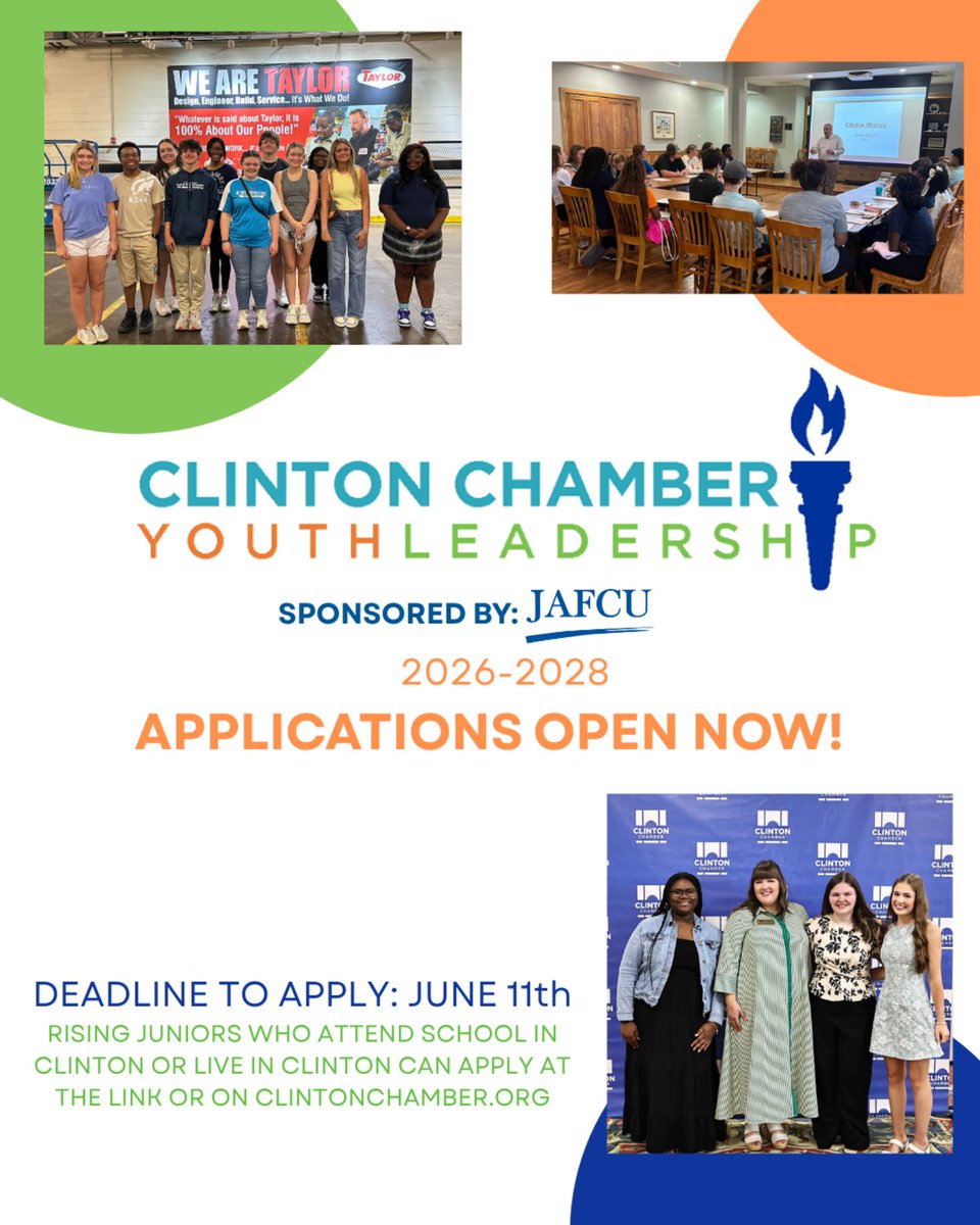 39056_Chamber's tweet photo. Applications for our Clinton Chamber Youth Leadership program are now open until 6/11! Any Clinton-area rising junior is encouraged to apply for the 2026-28 school year, particularly those who are established &amp; recognized as leaders among their peers!

https://t.co/snaqdN4P80 https://t.co/pj0q8rLj3p