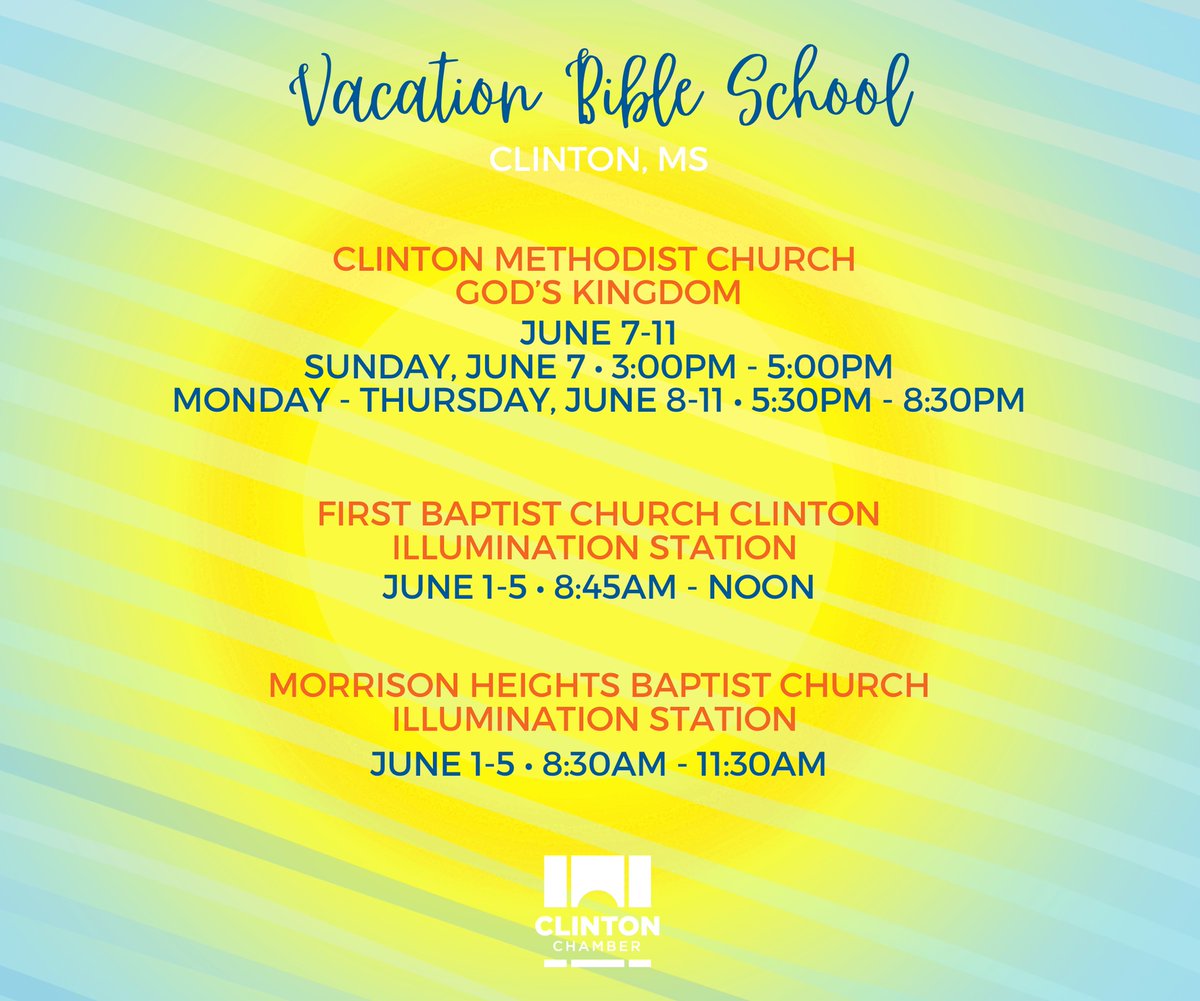 39056_Chamber's tweet photo. Clinton has an awesome Vacation Bible School lineup every year, with a few starting this week! If your church is having VBS, let us know and we'll get you added to the list! 🌞 https://t.co/jDu5nRk1Qe