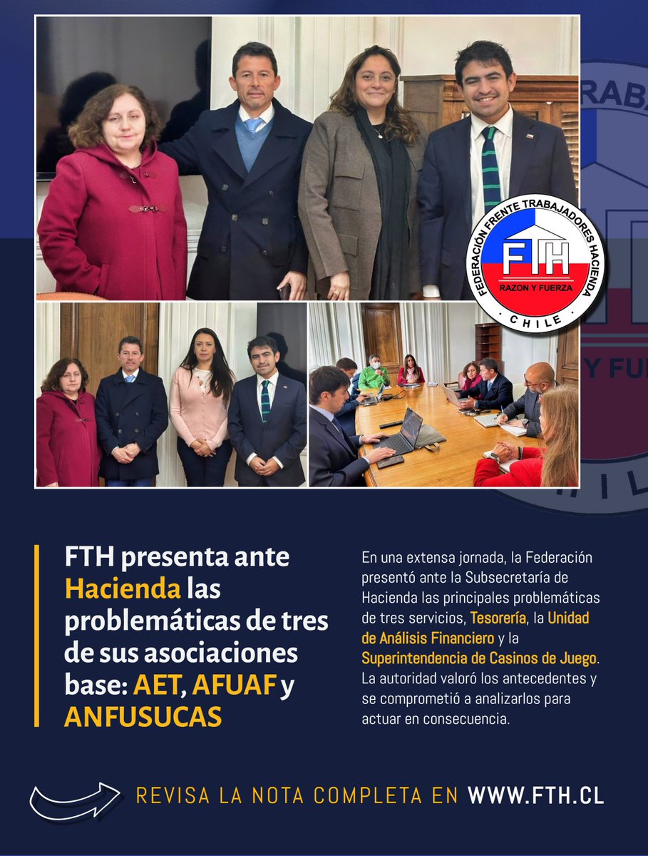 FTH_Chile's tweet photo. FTH presenta ante Hacienda problemáticas de AET, AFUAF y ANFUSUCAS

📌  Revisa la noticia completa aquí: 
https://t.co/7NuhYGEng3

#FTH #Hacienda #AET #AFUAF #ANFUSUCAS https://t.co/w8dCxyZgc0