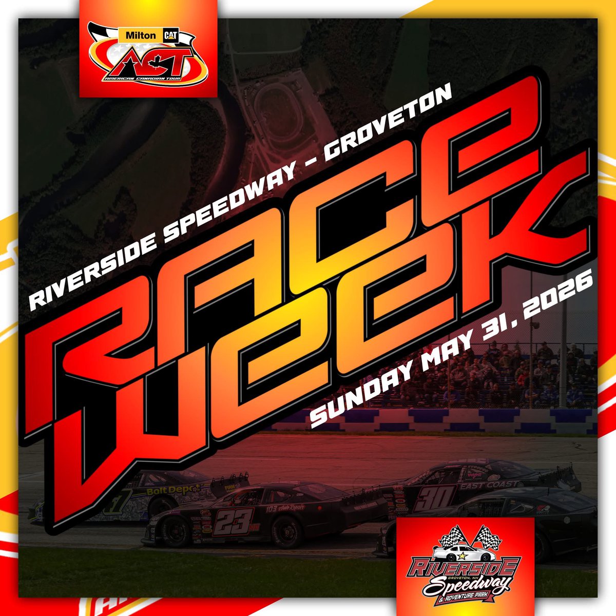 ACTTour's tweet photo. It's RACE WEEK for the Milton CAT American-Canadian Tour!

🏟️ Riverside Speedway and Adventure Park

📍 Groveton, New Hampshire 🇺🇸

🗓️ Sunday May 31st, 2026 

🏁 The Great North Woods 150

🏆 Race No. 4 in the 2026 Milton CAT American-Canadian Tour Championship Season

📝 The full May 31st event schedule & pricing can be found here: https://t.co/1j1mu3oiYM

💻 Teams can register for the The Great North Woods 150 here: https://t.co/Sckg4jgTHi

📺 https://t.co/y5tqypJ0c2 - North East Short Track Network
