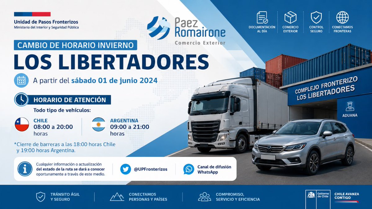 Paezromairone's tweet photo. El Paso Internacional Los Libertadores comenzará a operar con horario de invierno.

❄️ Horarios:
🇨🇱 Chile: 08:00 a 20:00 hs
🇦🇷 Argentina: 09:00 a 21:00 hs

⚠️ Barreras:
• Guardia Vieja: 18:00 hs
• Uspallata: 19:00 hs

Impacto directo en logística y tránsito internacional. https://t.co/lvPB3wx1GR